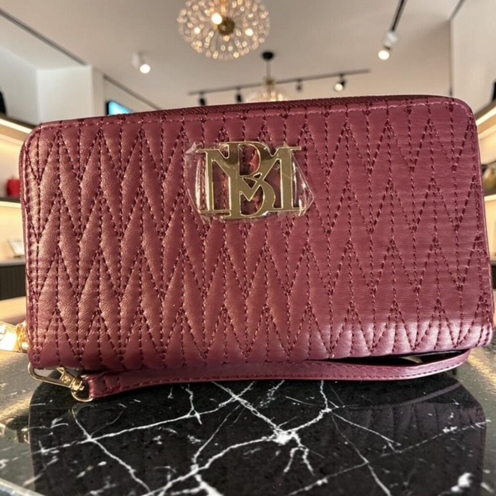 Badgley Mischka Burgundy Quilted Zip Around Wallet Wristlet Gold Logo NWOT